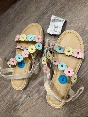 Soda Girls' Cream Sandals with Pink, Blue & Yellow Flower Accents